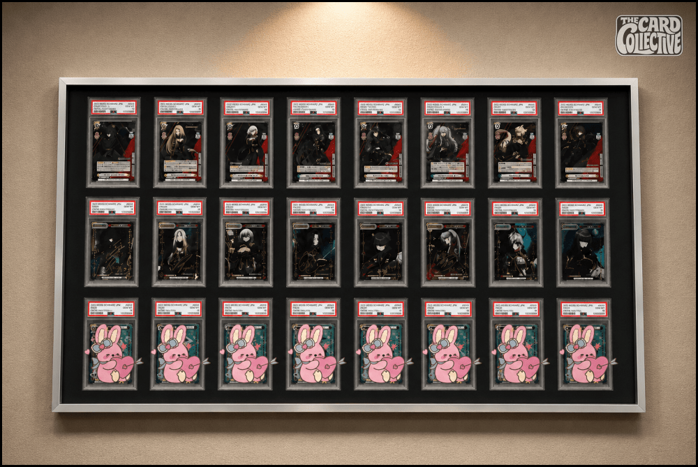 Premium aluminium metal trading card wall display frame case for Pokémon cards, MTG cards, Yu-Gi-Oh! cards, One Piece cards and sports cards, graded card wall display, PSA card frame, CGC card display, BGS slab display, One Touch magnetic holder display,