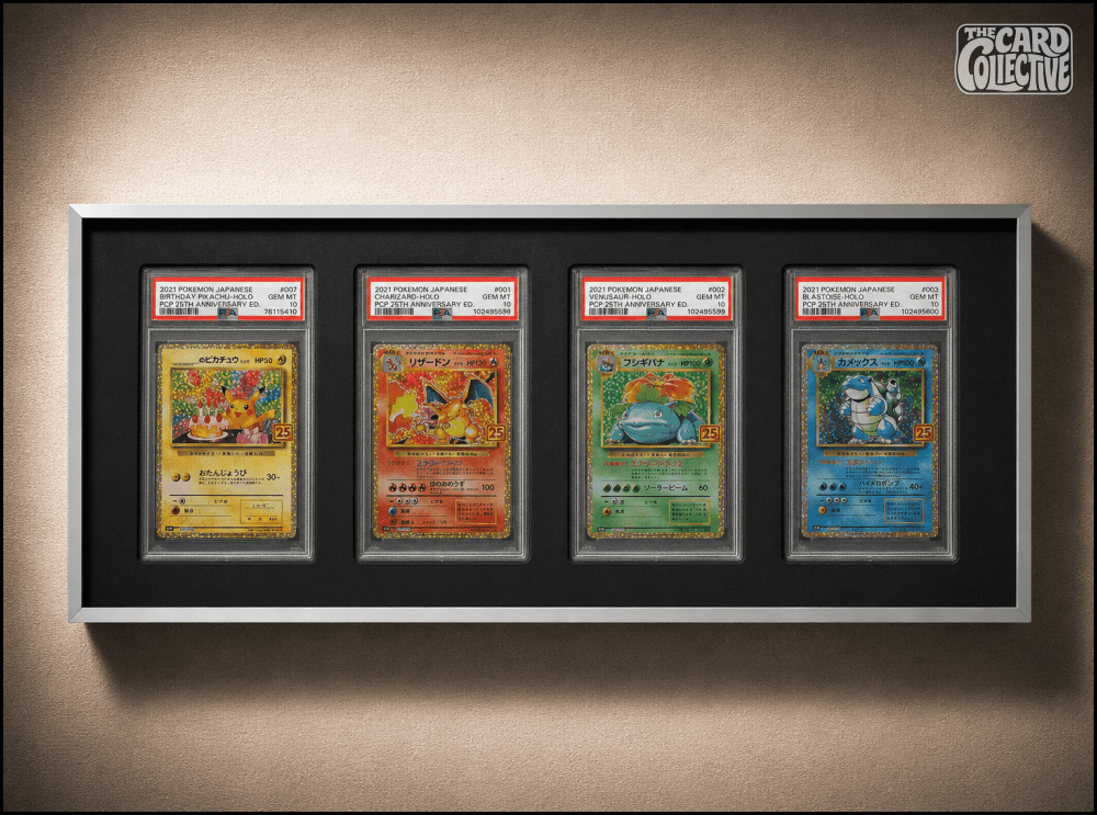 Premium aluminium metal trading card wall display frame case for Pokémon cards, MTG cards, Yu-Gi-Oh! cards, One Piece cards and sports cards, graded card wall display, PSA card frame, CGC card display, BGS slab display, One Touch magnetic holder display,
