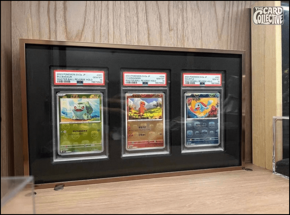 Premium aluminium metal trading card wall display frame case for Pokémon cards, MTG cards, Yu-Gi-Oh! cards, One Piece cards and sports cards, graded card wall display, PSA card frame, CGC card display, BGS slab display, One Touch magnetic holder display,