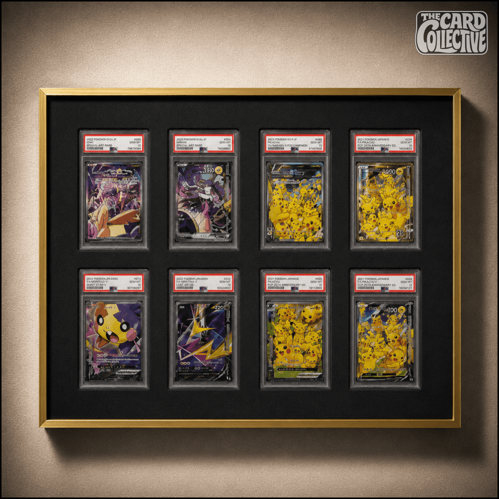 Premium aluminium metal trading card wall display frame case for Pokémon cards, MTG cards, Yu-Gi-Oh! cards, One Piece cards and sports cards, graded card wall display, PSA card frame, CGC card display, BGS slab display, One Touch magnetic holder display,
