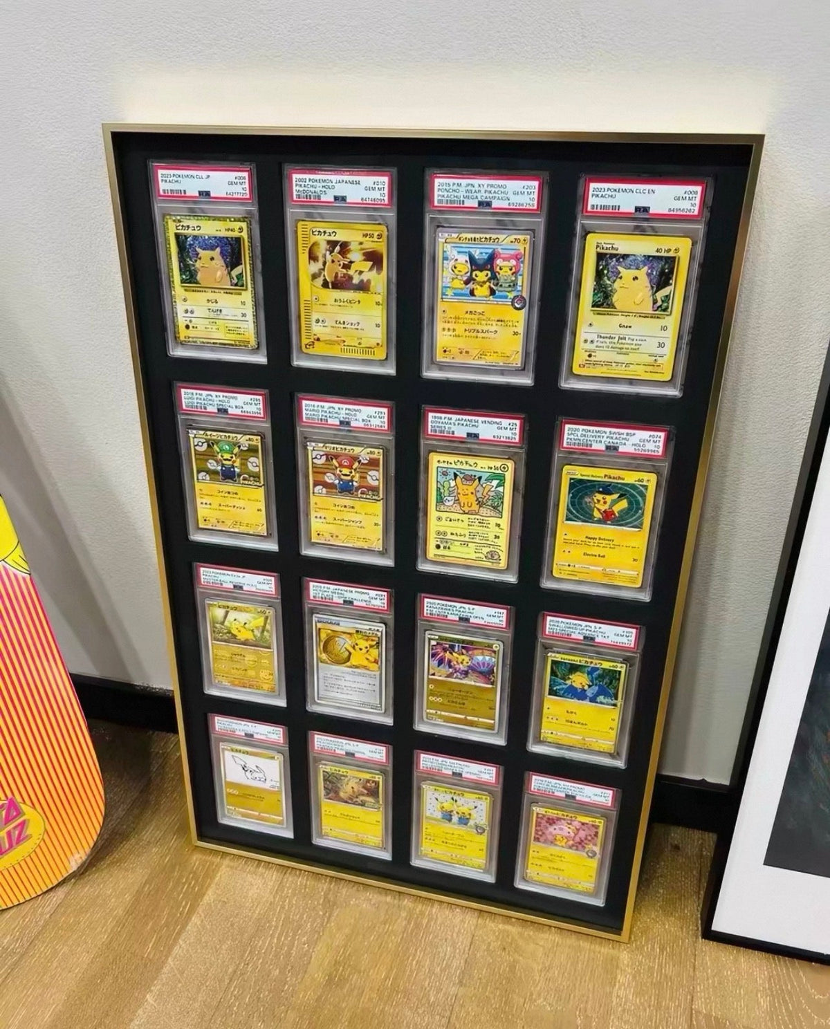 Premium aluminium metal trading card wall display frame case for Pokémon cards, MTG cards, Yu-Gi-Oh! cards, One Piece cards and sports cards, graded card wall display, PSA card frame, CGC card display, BGS slab display, One Touch magnetic holder display,