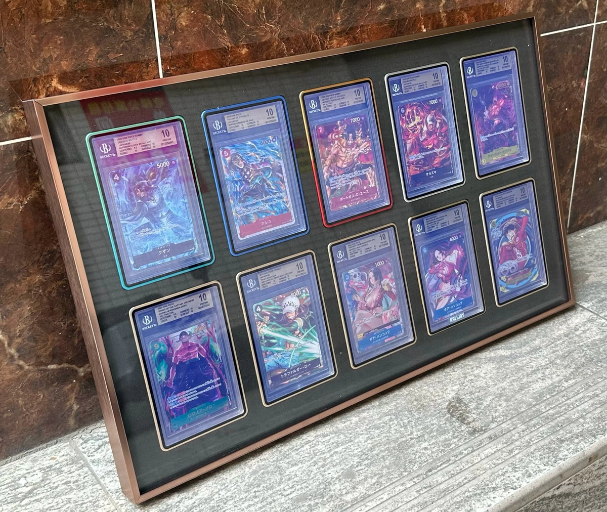 Premium aluminium metal trading card wall display frame case for Pokémon cards, MTG cards, Yu-Gi-Oh! cards, One Piece cards and sports cards, graded card wall display, PSA card frame, CGC card display, BGS slab display, One Touch magnetic holder display,